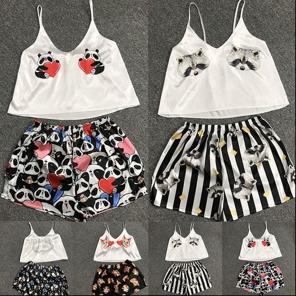 

pyjama crop vest womens sleepwears shorts cartoon panda raccoon summer cute night clothes sleeveless camis, Black;red
