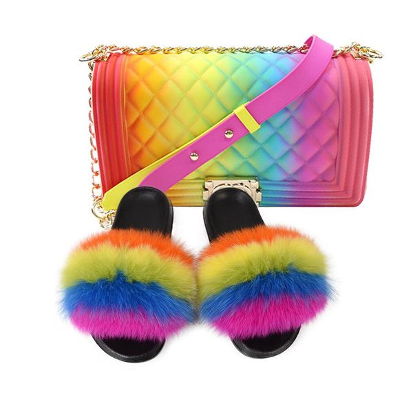 

slippers 100% real fur women rainbow shoe cute flip female travel furry shoes jelly bags set fashion bag, Black