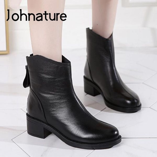 

boots johnature winter shoes women 2021 genuine leather zip round toe handmade concise leisure sewing ankle platform, Black