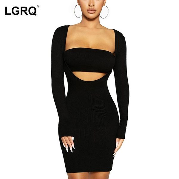 

casual dresses [lgrq] women apricot thread skinny street style dress square neck long sleeve fashion tide autumn winter 2021 19d2723, Black;gray