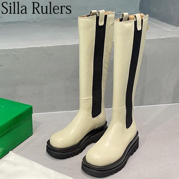 

boots runway thick sole knee-high women genuine leather round toe plush inside woman casual motorcycle warm winter, Black