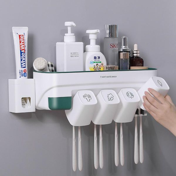 

toothbrush storage rack + toothpaste squeezer wall-mounted perforation-bathroom toiletries shelf holders