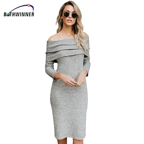 

casual dresses bothwinner off the shoulder knitted dress elegant long sleeve 2021 autumn women gray bodycon bandage for, Black;gray