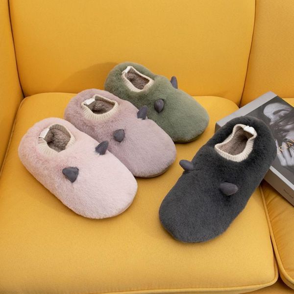 

winter warm home slippers cartoon plush indoor non-slip soft house bedroom couples shoes, Black