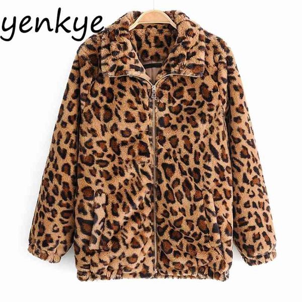 

fall women vintage leopard jacket long sleeve lapel collar zipper casual winter jackets female plus size outerwear chaqueta 210514, Black;brown