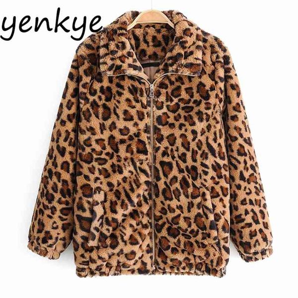 Autunno Donna Vintage Giacca leopardata Manica lunga Collo con risvolto Cerniera Giacche invernali casual Donna Taglie forti Capispalla chaqueta 210514