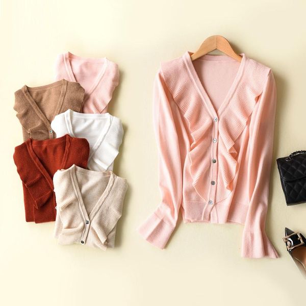 

women's knits & tees 2021 spring autumn fashion ruffled short v-neck pure wool knitted cardigan jacket sweater female loose horn sleeve, White