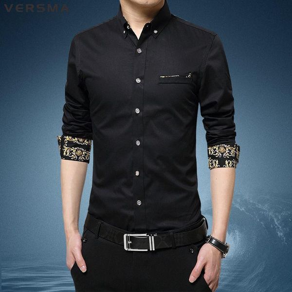 

men's casual shirts versma chic classic turn-down collar business long sleeve solid color cotton men dress shirt plus size, White;black