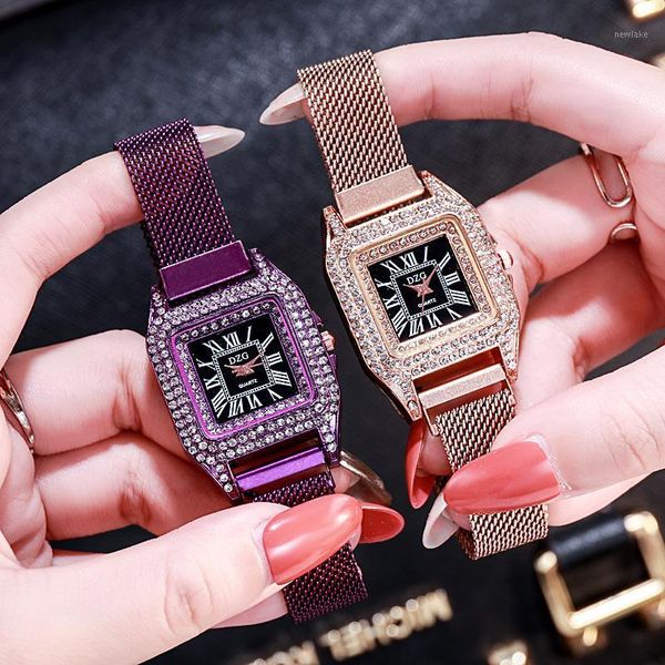 

wristwatches women's watch small square diamonds rome ladies wrist watches suction stone buckle full stainless steel hour drop a3556, Slivery;brown