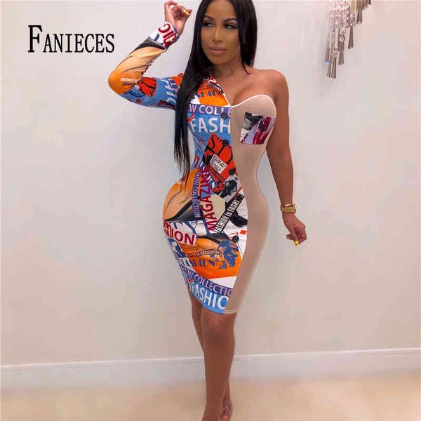 Сексуальные женские ночной клуб Print One плечо Bodycon платья стрейч с длинным рукавом жесткий бедро карандаш платье Vestidos Drop 210520