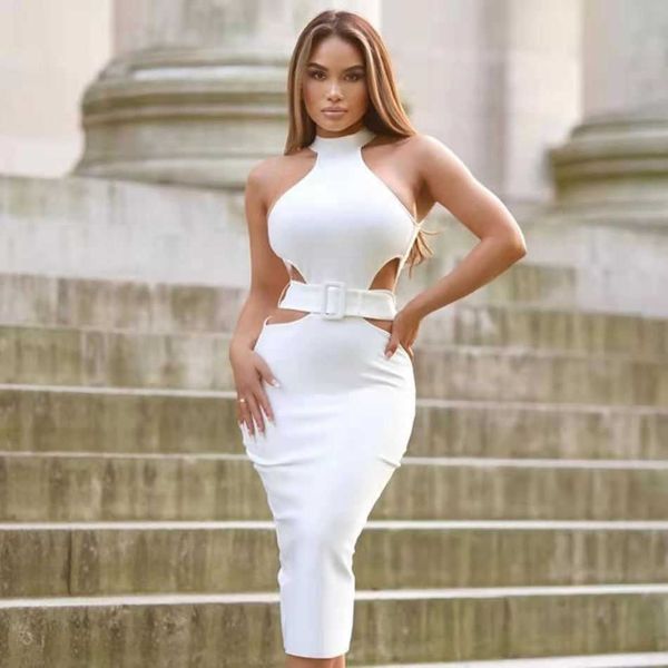 

summer white halter bodycon bandage club dress women hollow out sleeveless night evening party vestidos 210527, Black;gray