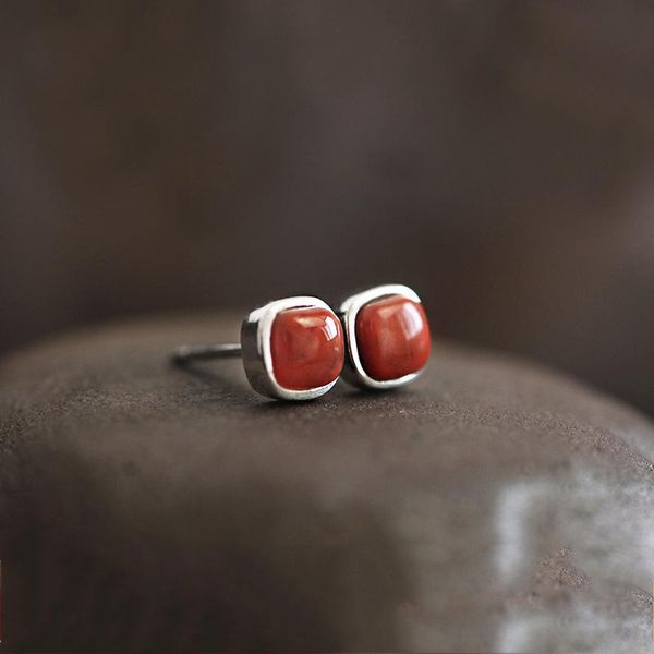 

stud style lovely temperament natural red agate earrings, flat plate s925 silver geometric retro earrings girl, Golden;silver