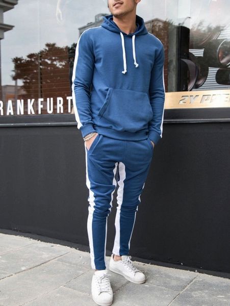 

men contrast side seam drawstring hoodie & sweatpants w3os#, Gray