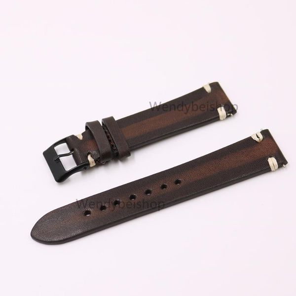 

watch bands carlywet 20mm wholesale man women handmade 3mm thickness leather two tone brown vintage wrist band strap belt black buckle, Black;brown