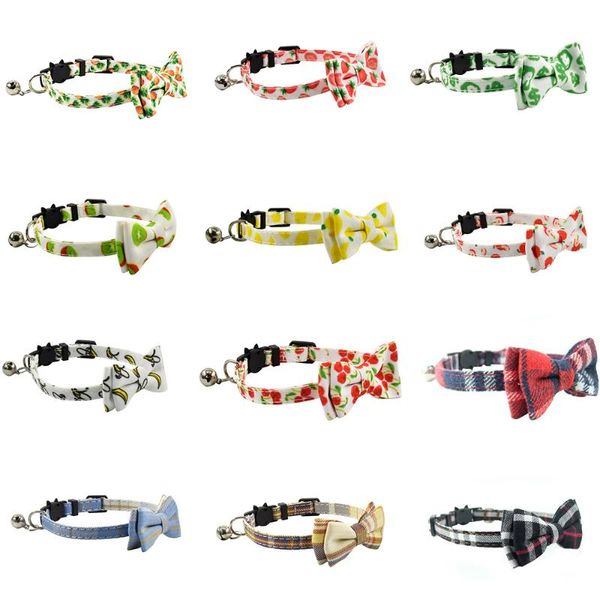 

cat collars & leads 15 colors collar breakaway bow tie bell cotton plaid fruits quick release kitten 17-28cm
