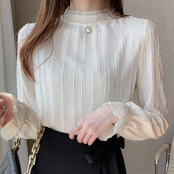 

long sleeve stand collar women blouses chiffon blusas mujer de moda clothing female blusa e127, White