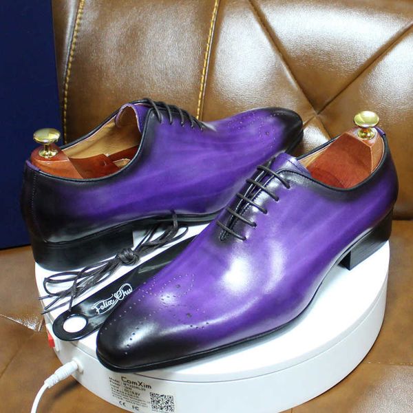 Sapatos Daniel Calçados Italiano Sapatos Genuíno Couro Azul Roxo Oxfords Homens Partido de Casamento Todo Corte Q0607