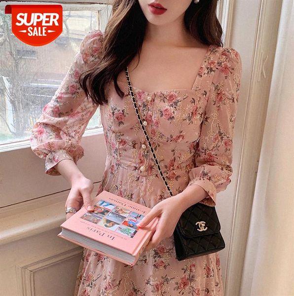 

french embroidery dress women fashion retro square collar long sleeve chiffon floral skirt #w50e, Black;gray