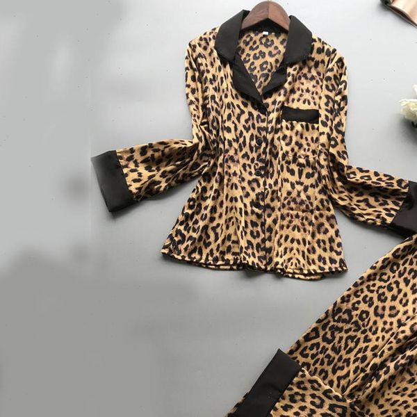 

satin leopard pyjamas womens sleepwears long sleeve pants lingerie nightwear underwear set pajamas for, Black;red