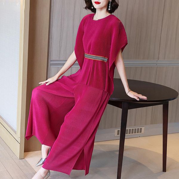 

women's two piece pants pant suits plus size for women 45-75kg 2021 autumn round neck stretch miyake pleated fashion patchwork + split, White