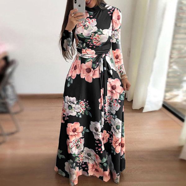 

2021plus size womens summer long er long dress 2021 casual long sleeve flower print dress casual high collar bandage vestidos, Black;gray
