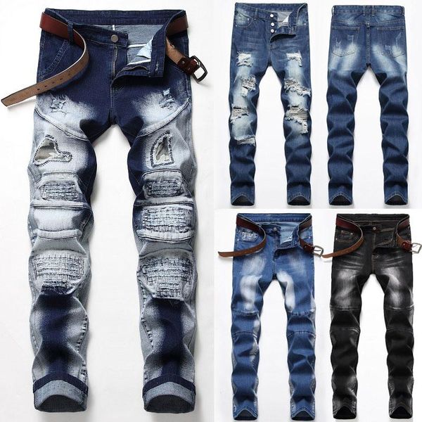 

fashion men skinny jeans denim pant frayed slim fit casual long men's, Blue