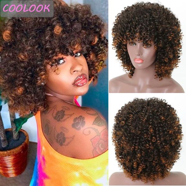 

synthetic wigs afro kinky curly with bangs ombre brown short for black women shoulder length curls wig peruca cosplay