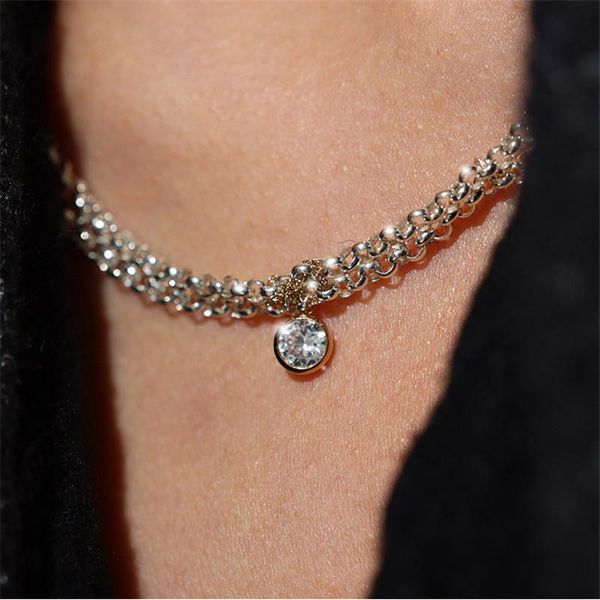 

pendant necklaces vintage punk silver color double layer chain crystal necklace statement geometric short choker collar