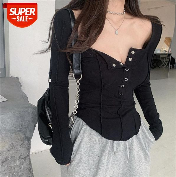 

fashion temperament korean version of the college base long-sleeved t-shirt women's slim strapless square collar #jv3b, Black;gray