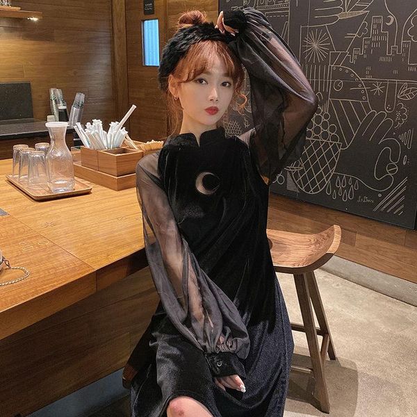 

casual dresses 2021 spring and autumn women pleuche vintage dress lantern sleeve mesh patchwork mini a-line vestidos w386, Black;gray