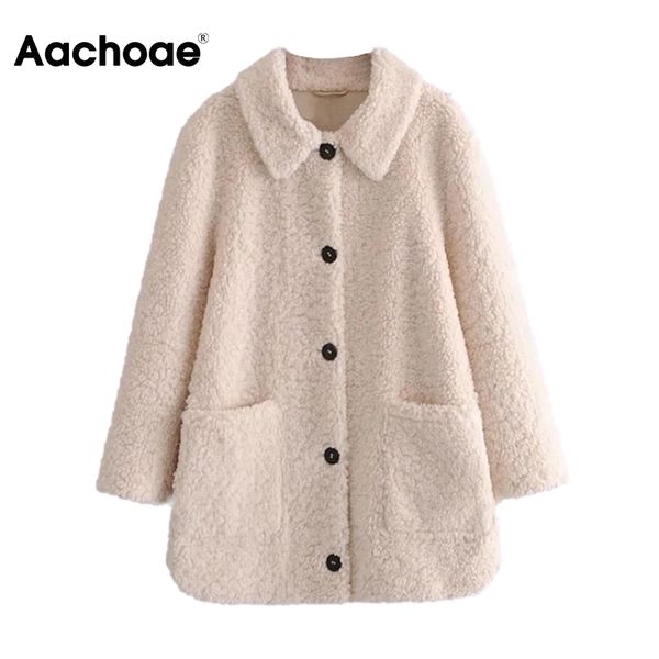 

aachoae autumn spring casual solid lamb fur coat women long sleeve lady fashion pocket jacket turn down collar teddy coat 210413, Black
