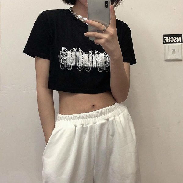 

women's t-shirt t-shirts women crop butterfly printed n style hip hop gothic punk aesthetic harajuku ladies cool streetwear, White