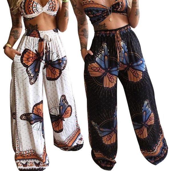 

women's pants & capris women summer beach 2 piece outfits set v-neck bra crop and wide leg palazzo long bohemian butterfly print lo, Black;white