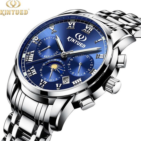 

wristwatches kinyued multifunctional moon phase automatic mechanical dial men watches waterproof steel band luminous male, Slivery;brown