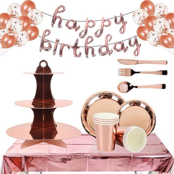 

party decoration happy birthday rose gold disposable tableware set paper cups plates straws cake stand table supplies