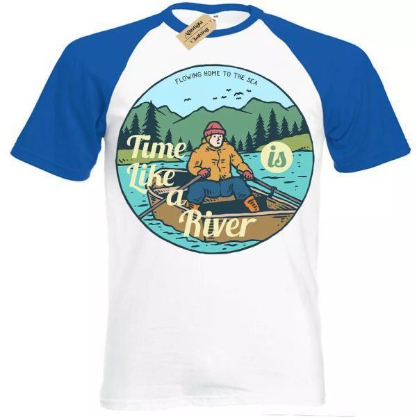 

time is like a river t-shirt boat lake nature trip outdoor short sleeve baseball, White;black