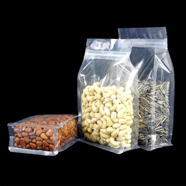 

storage bags 100pcs/lot transparent plastic stand up resealable packaging bag side gusset tear notch smell proof zipper food pouche