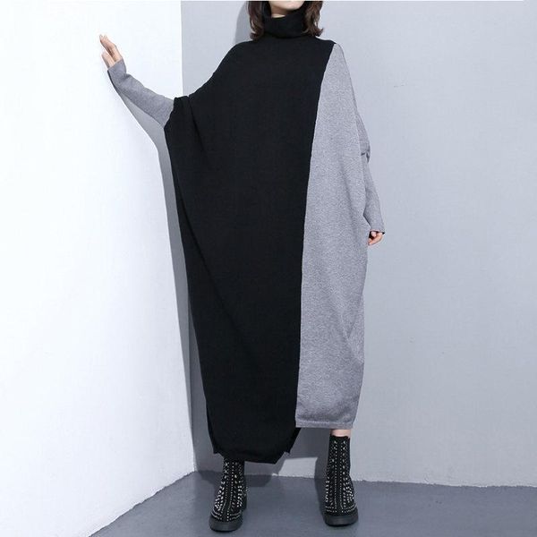 

casual dresses large size women turtleneck knit dress 2021 autumn winter contrast color bat sleeve loose street female sweater lq556, Black;gray