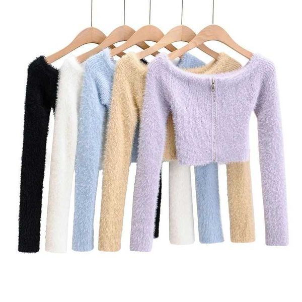 

women's sweaters imitated mink veet off-the-shoulder number female knit zipper cardigan sweater wholesale clothing 279p, White;black