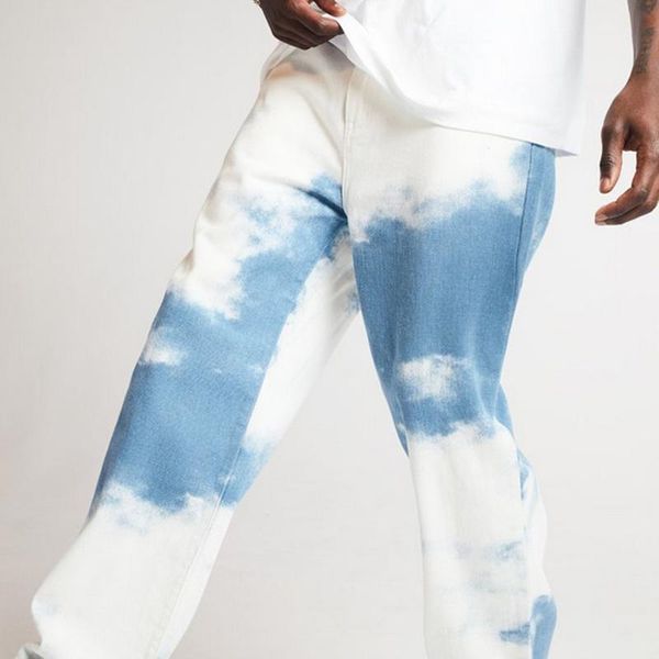 Jeans masculinos 2021 Casual Casual Tirado reto Printing Sky Blue Troushers Botão
