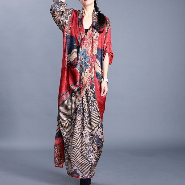 

women spring v neck irregular printed dress ladies vintage print autumn dresses female 2021 robe vintage femme vestidos 12134, Red
