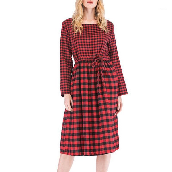 

casual dresses nice autumn and winter elegant ladies round neck long sleeve plaid print chic fashion dress red knee, Black;gray