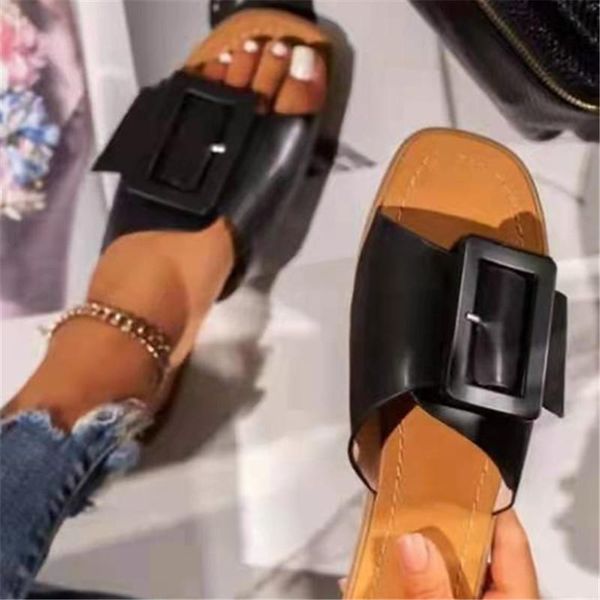 

sandals 2021 summer belt buckle flat slippers women's large size shoes fashion versatile lightweight and comfortable, Black