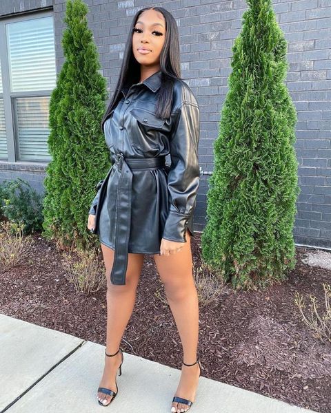 

women's leather & faux pu blouse shirt jacket long sleeve buckle belted high waist winter warm coat, Black