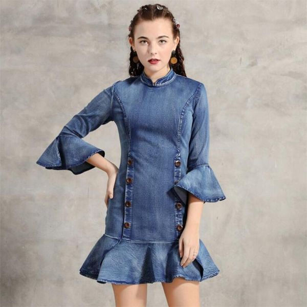 

casual dresses stylish stand-up collar ruffle sleeve mini dress women slim denim short party vestidos vestido 2021, Black;gray
