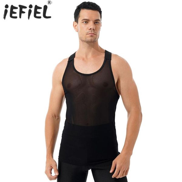 

men' tank men fashion see-through mesh casual t-shirt sleeveless elastic straps vest gym fitness sport bodybuilding, White;black
