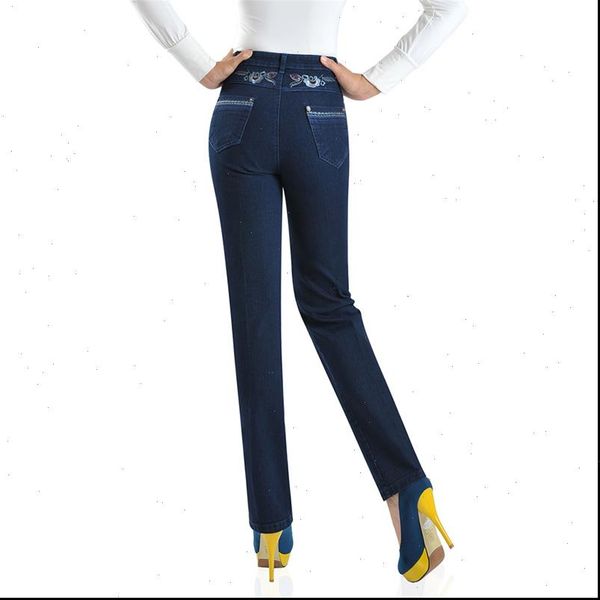 

womens jean plus size casual pants women summer jeans elasticity straight embroidery middle aged female high waist denim 2656, Blue