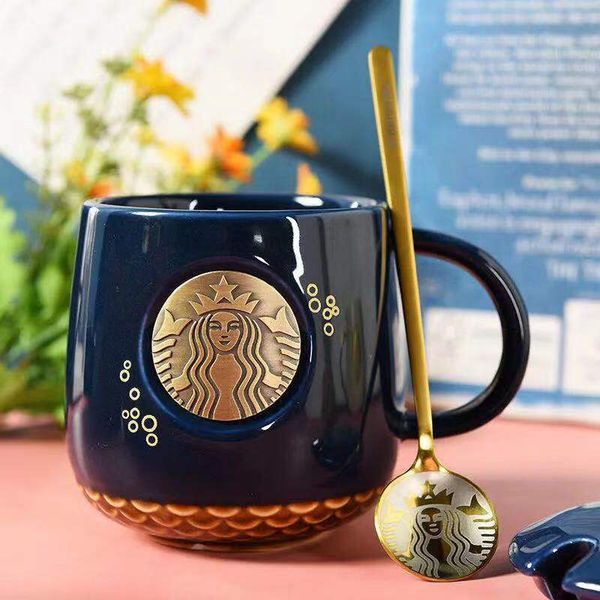 

2021 starbucks cup luxury kiss cups with spoon ceramic mugs married couples anniversary mermaid bronze medallion products gift