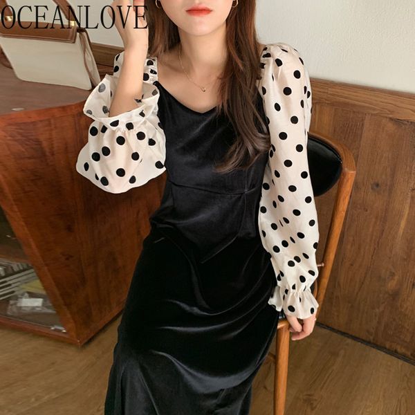 

dot velvet women dress elegant vintage patchwork office lady long dresses korean chic fashion vestidos 18319 210415, Black;gray