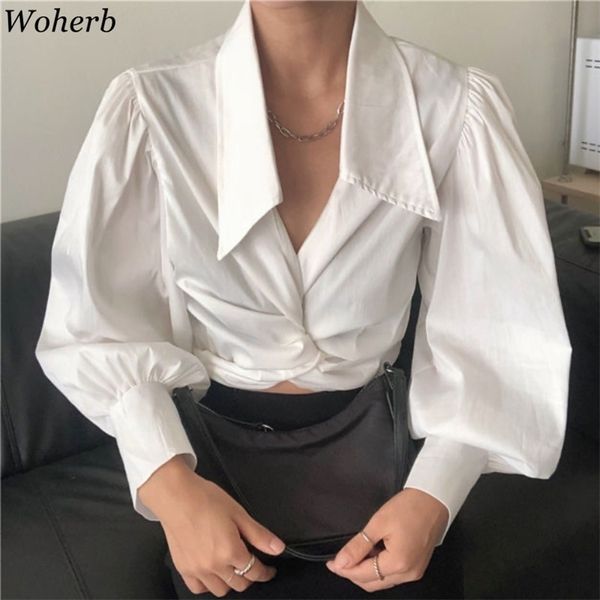 Elegante camisa branca camisa korean chique vire para baixo colarinho cruz cintura blusas escritório senhora blusas mujer de moda 210519